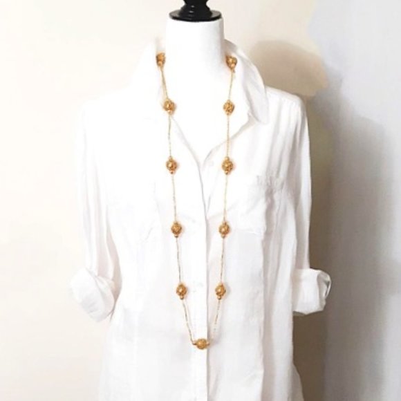 Gold Long Beaded Necklace Faux Pearl Seed Bead NEW - Picture 2 of 6